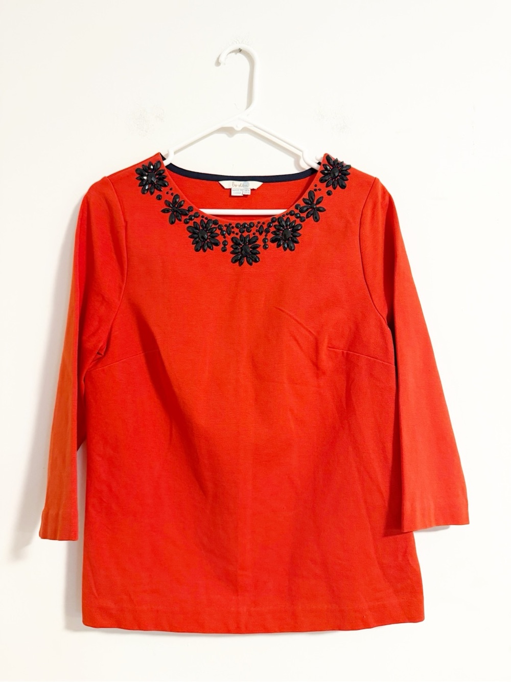 Boden Red Beaded Neckline 3/4 Sleeve Top US 10 UK 14 Cotton Modal Blend